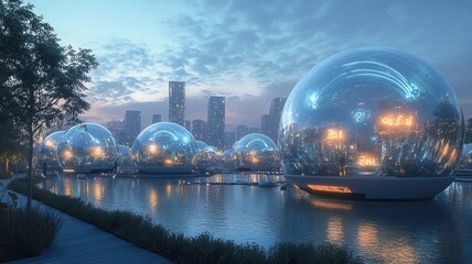 Futuristic dome structures near water body.