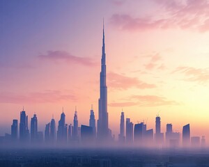 Obraz premium Stunning city skyline at sunrise in mist.