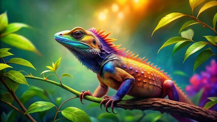 Fototapeta premium Vibrant Digital Painting of a Garden Lizard, Right-Positioned with Copy Space