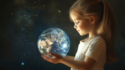 Naklejka premium Girl holding glowing Earth. (1)