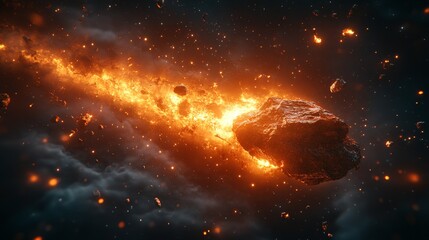 Fiery asteroid burning through space, leaving a trail of debris and sparks.