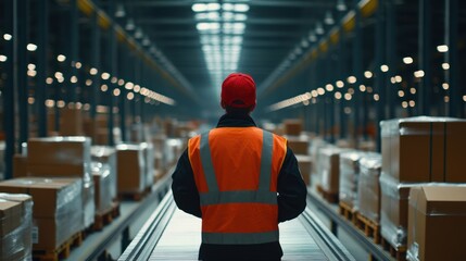 Worker walking in large warehouse.