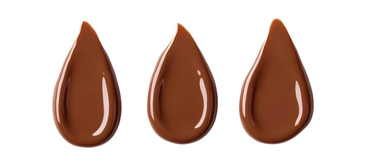 Three glossy chocolate drops, rich brown, isolated on png background.