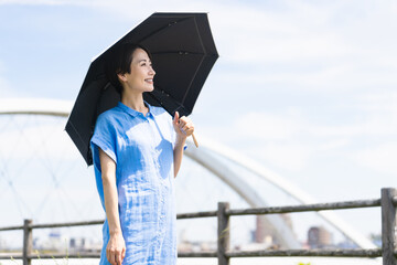 日傘をさして散歩する若い女性　ライフスタイルイメージ	
