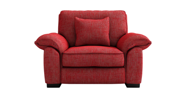 Comfortable red house armchair, isolated on transparent background, representing a relaxing and cozy piece of furniture for home or office.