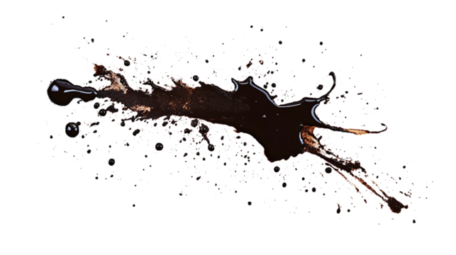 Dark coffee splatter and drops, isolated on transparent background, featuring textured drink marks and stains, symbolizing spills and messes.