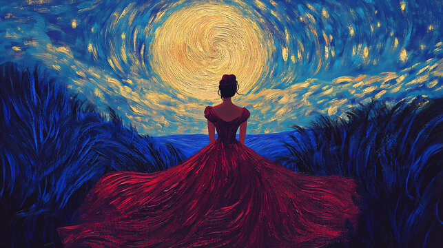 Woman in red dress staring at the stary night