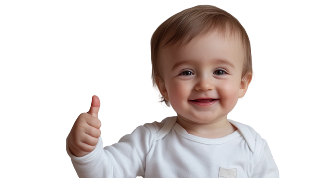 Happy little toddler boy giving a thumbs up, smiling and showing a good hand gesture, isolated on transparent background, symbolizing trust and approval.