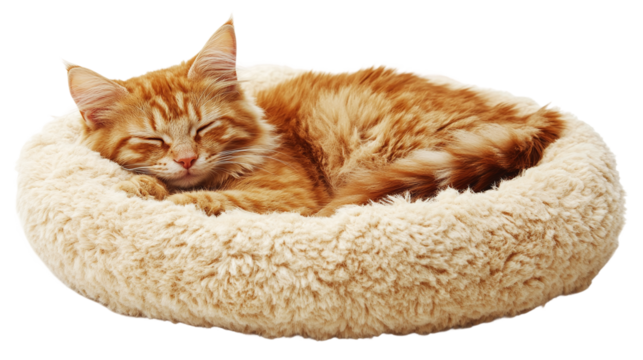 Orange cat sleeping in soft bed, isolated on transparent background, a domestic pet animal relaxing in a fluffy pillow bed, symbolizing comfort and rest.