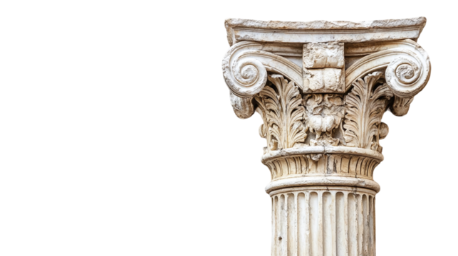 Pillar isolated on transparent background, representing a classic architecture element, reminiscent of ancient Greek or Roman marble columns, decorative stone design.
