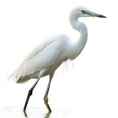 Obraz premium Elegant White Heron Standing in Shallow Water Against White Background