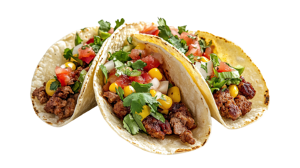 Tasty taco with fresh ingredients isolated on transparent png background.