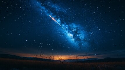 Night sky with Milky Way galaxy, shooting star, and silhouetted grass.