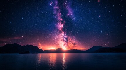 Vibrant Milky Way galaxy rising over a serene lake at sunset, mountains in the background.