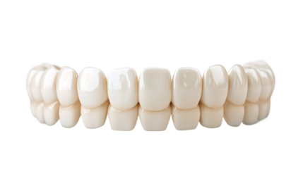 White shiny dental teeth model, isolated on transparent background, representing healthy orthodontic treatment, dental hygiene, and smile care.