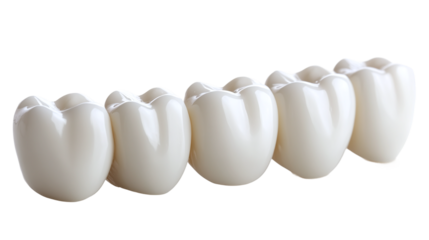 White shiny dental teeth model, isolated on transparent background, representing healthy orthodontic treatment, dental hygiene, and smile care.