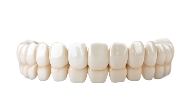 White shiny dental teeth model, isolated on transparent background, representing healthy orthodontic treatment, dental hygiene, and smile care.