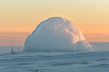 Colossal Ice Sphere Hovers Above Horizon at Sunrise in Radiant Blue Light