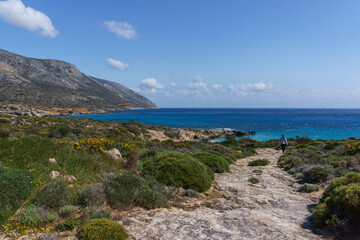 Beautiful landscape of Geopark of Agios Nikolaos a Petrified Forest at the mediterranean sea coast on a sunny spring day, Laconia, Peloponnese, Greece