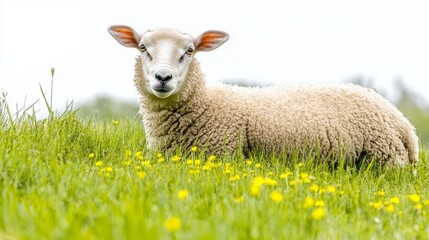 Obraz premium Meadow Sheep Isolated Scene with Meadow with Isolated