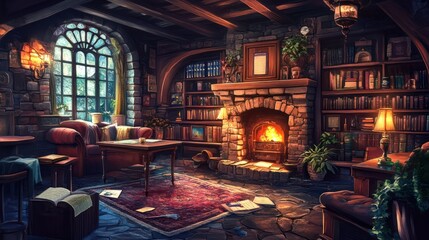 Naklejka premium Cozy stone library, firelit, reading