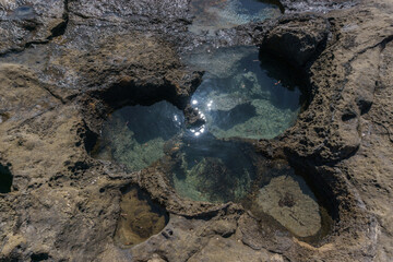 Holes of petrified tree filled with seawater at Geopark of Agios Nikolaos a Petrified Forest at mediterranean sea, Laconia, Peloponnese, Greece