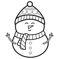 Cute Snowman with Beanie Hat and Scarf | Hand-Drawn Line Art
