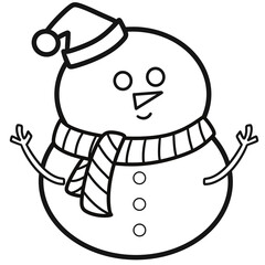 Cute Snowman with Santa Hat and Scarf | Hand-Drawn Line Art