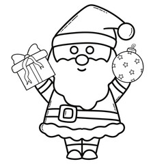 Cute Santa Claus Holding a Gift Box and Christmas Ornament | Hand-Drawn Line Art