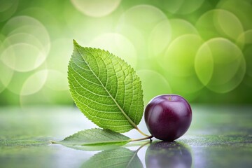 A vibrant dark-purple plum rests beside lush green leaves, reflecting on a smooth surface against a soft, green bokeh background.