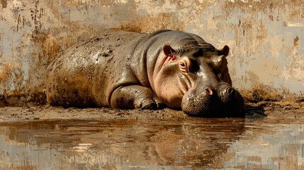 Hippopotamus Resting in Muddy Water Under Warm Sun in Natural Habitat Environment