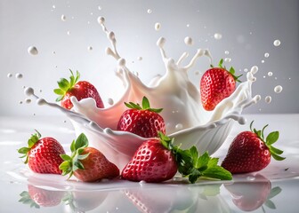 Vibrant Pink Strawberry Milk Splash Background - Creamy Swirls & Juicy Berries