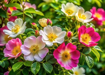 Vibrant Pink, White & Yellow Dog Rose Blooms in Lush Green Hedge - Summer Stock Photo