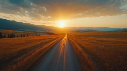 Scenic sunset road through golden fields.