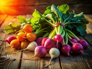 Vibrant Radishes and Turnips Harvest Bounty, Colorful Root Vegetables Still Life