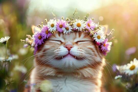 Golden sunrise. Sunny days happiness. Cute adult cat donskoy wearing savage flower crown on its head. Smiling little pet explorer. Floral aesthetics for cats. Sun-drenched holiday joy.