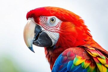 Vibrant Red & Blue Macaw Parrot Closeup on White Background - Ample Copy Space