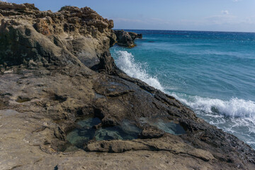 Beautiful landscape of Geopark of Agios Nikolaos a Petrified Forest at the mediterranean sea coast on a sunny spring day, Laconia, Peloponnese, Greece
