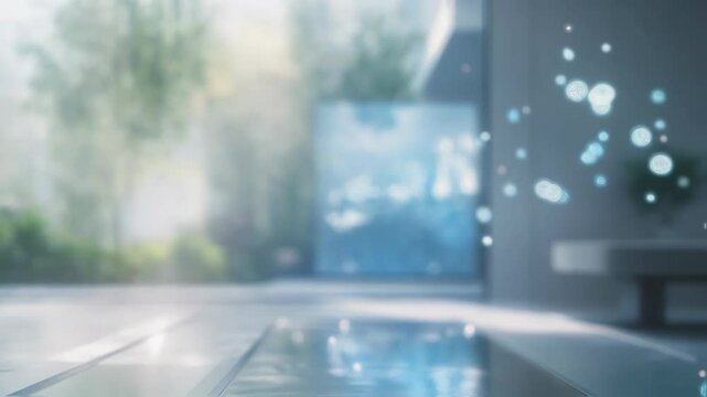 Light blue particles float across a modern minimalist home interior featuring a shallow reflecting pool and large windows looking out onto a lush green garden