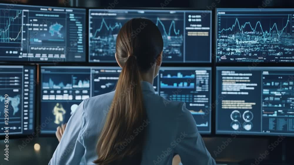 Poster system administrator controlling and monitoring internet network security from the control room, mul