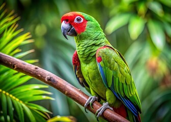 Naklejka premium Vibrant Red-Crowned Amazon Parrot Perched on Branch, Rule of Thirds Composition