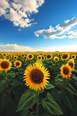 Obraz premium Bright Sunlights on an Expanse of Vibrant Sunflower Field under the Azure Sky: A Celebration of Nature's Beauty