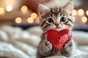 Digital ads animal visual drawing. Ragamuffin - my desired cat, symbol of care. Cute ragamuffin baby cat with diamond red heart at cozy house. Kitten charm and romance. Cute cat in love.
