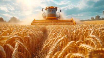 Combine harvester harvesting ripe golden wheat field at sunset.