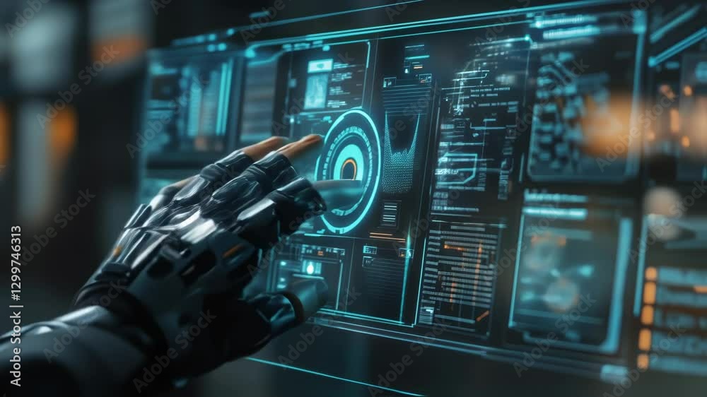 Poster advanced robotic hand navigating a complex digital interface, showcasing the potential of automation