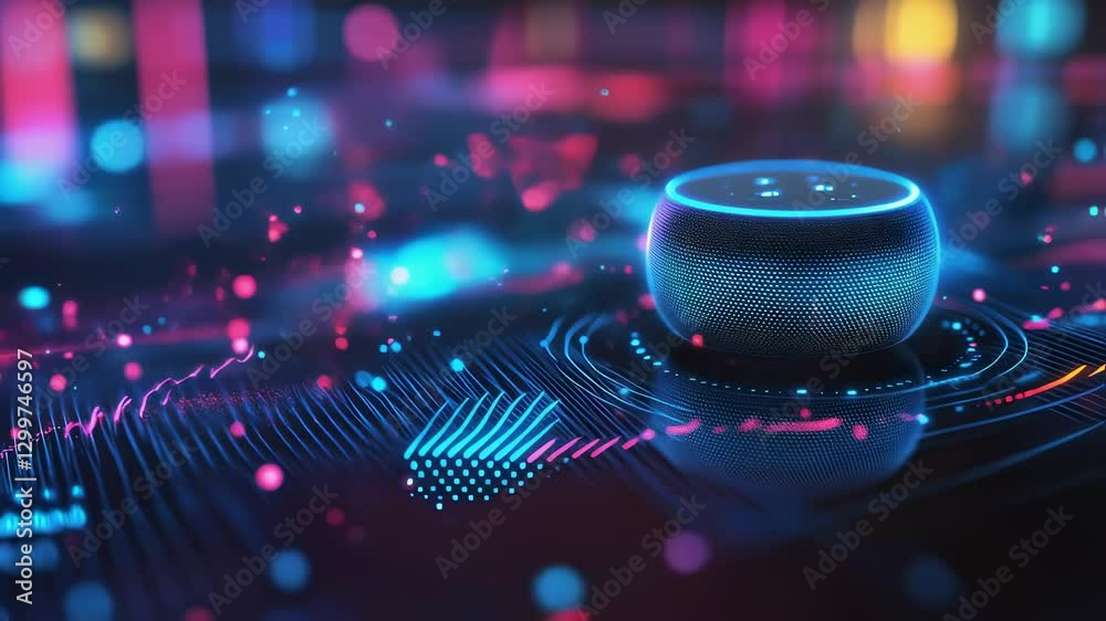 Poster futuristic smart speaker processing data streams through vibrant digital interface, visualizing adva