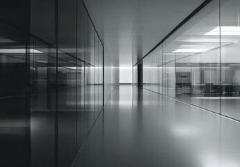 Modern minimalist interior of a spacious office hallway featuring sleek glass walls and reflective surfaces illustrating contemporary design aesthetics