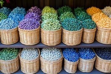 Fototapeta premium Dyed pods in baskets at market stall
