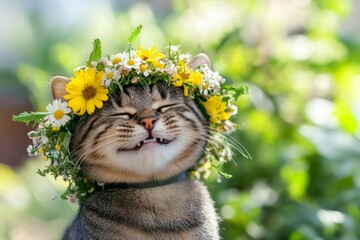 Cute baby cat bengal wearing free flower circlet on its head. Vacation time happiness. Soft...