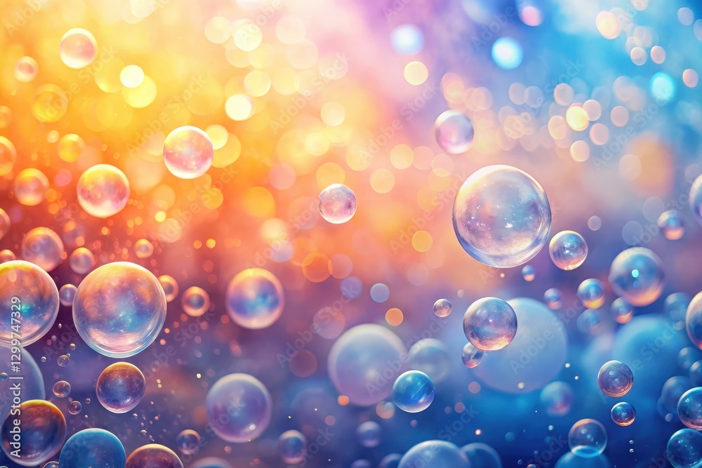 Wall mural a vibrant array of iridescent spheres floats amidst a bokeh-filled backdrop of warm and cool tones, 